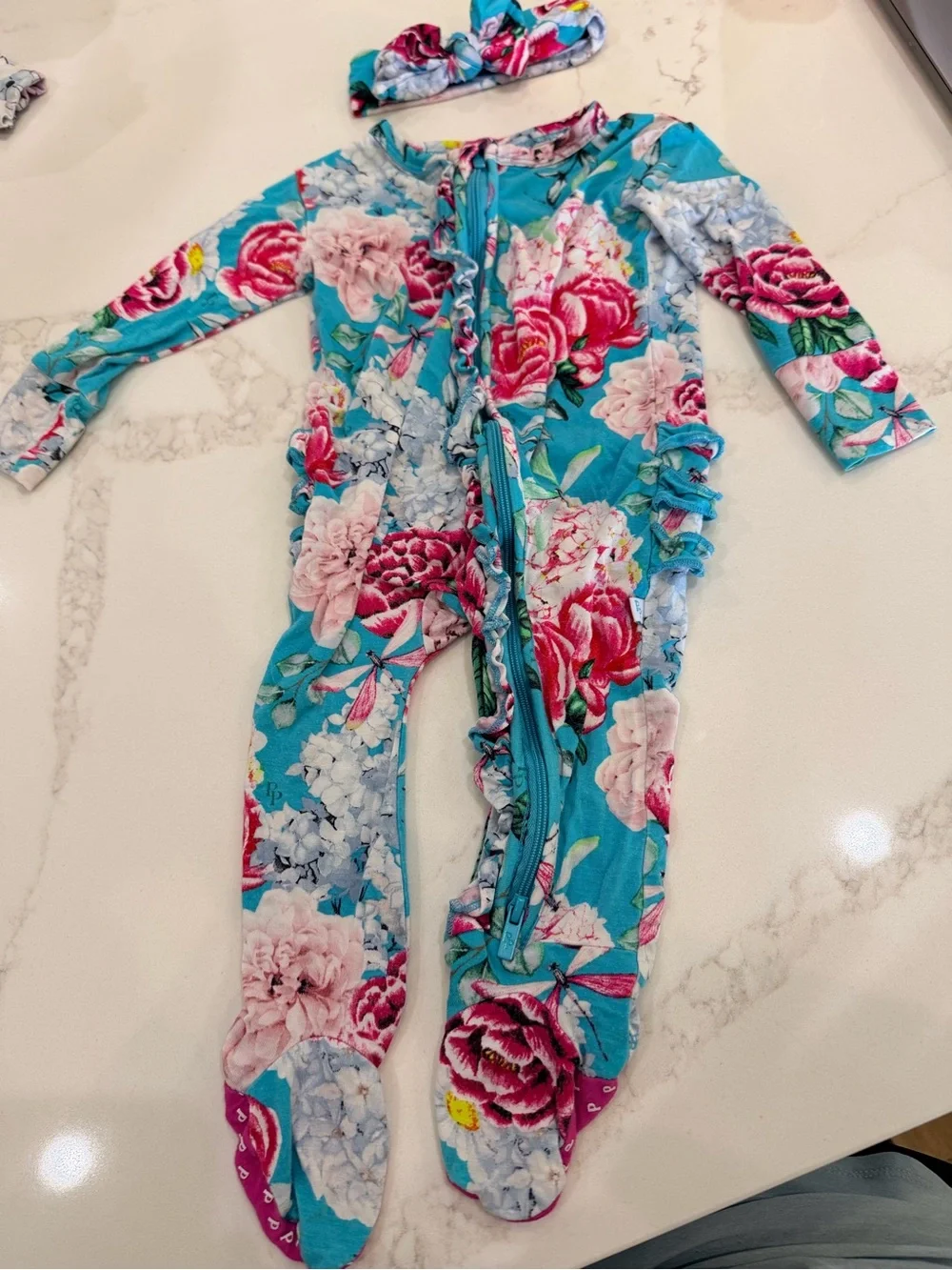 Posh Peanut Bamboo Floral Ruffle Footie + Headband 6-9M